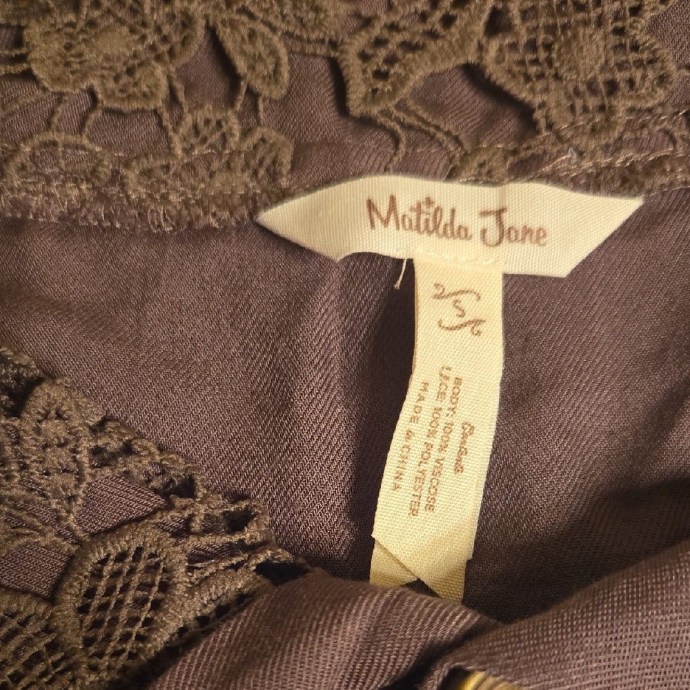 3/$17 Matilda Jane Brown Button Down Shirt Vest with Lace Collar and Pockets - Picture 2 of 6